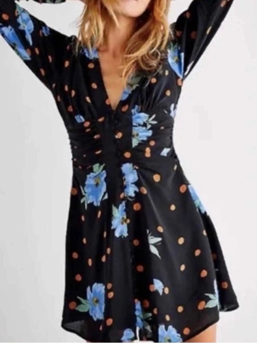 Free People Floral Polka Dot V-Neck Mini Dress - Black & Blue